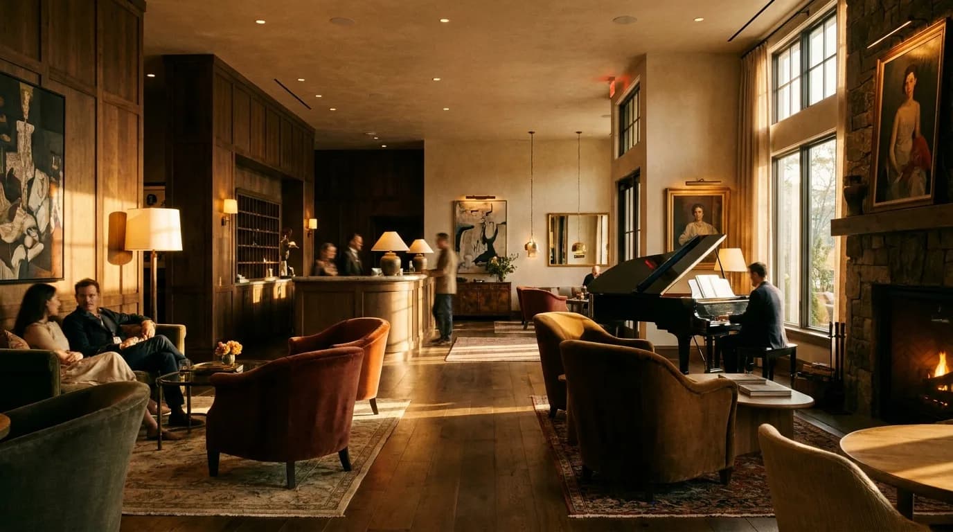 Boutique hotel lobby at golden hour