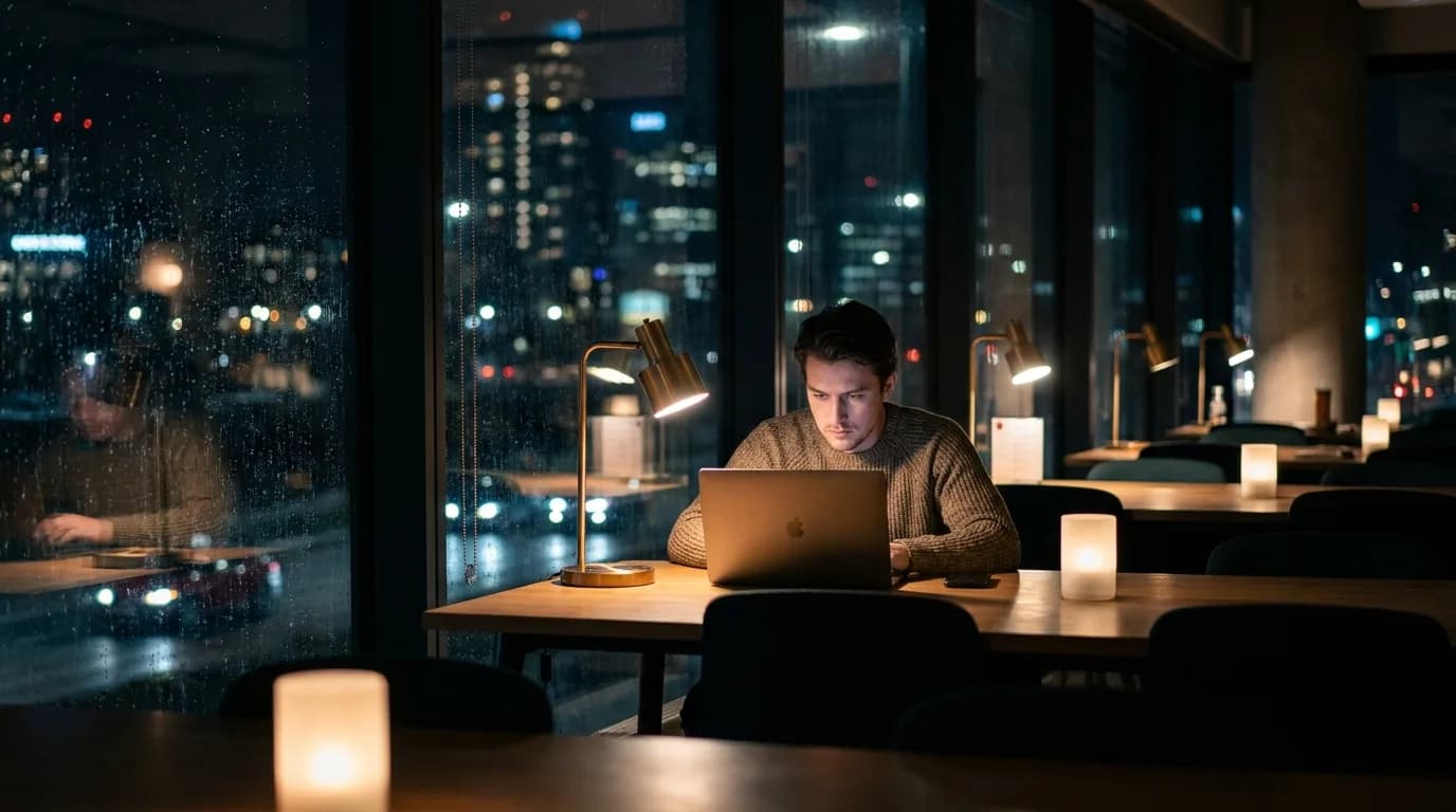 Professional job seeker working late in a co-working space