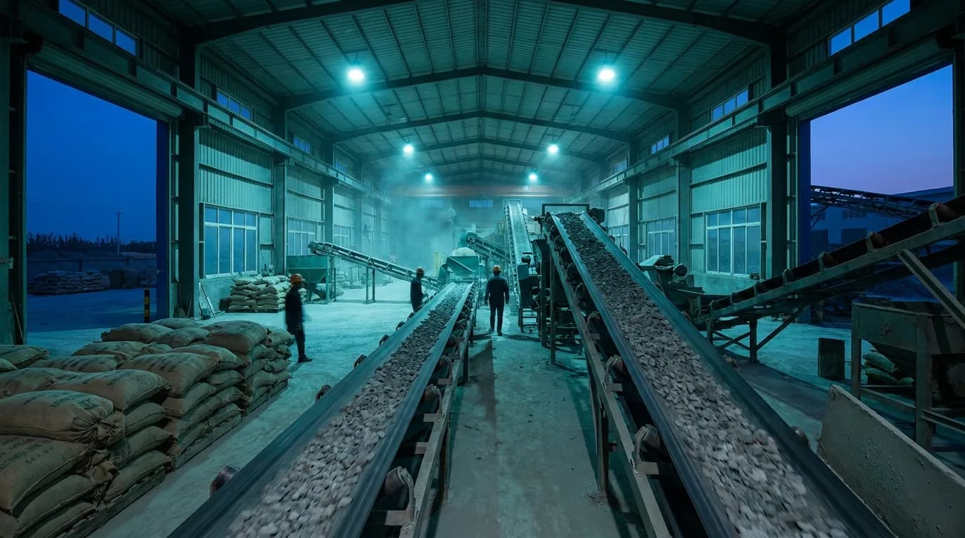 Rare earth mineral processing warehouse at dusk