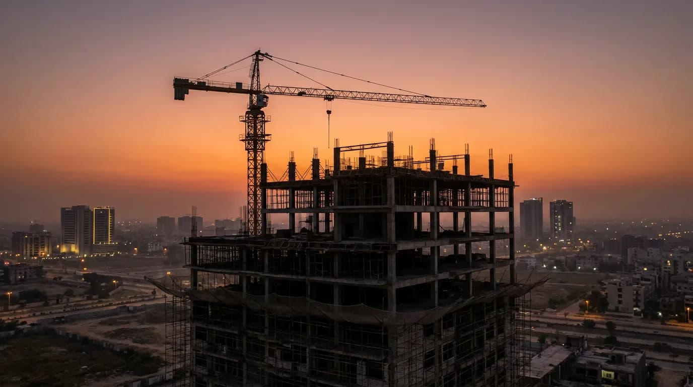 Luxury residential tower construction at sunset