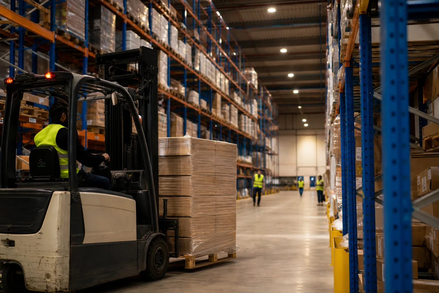 Distribution warehouse aisles with forklift moving pallets