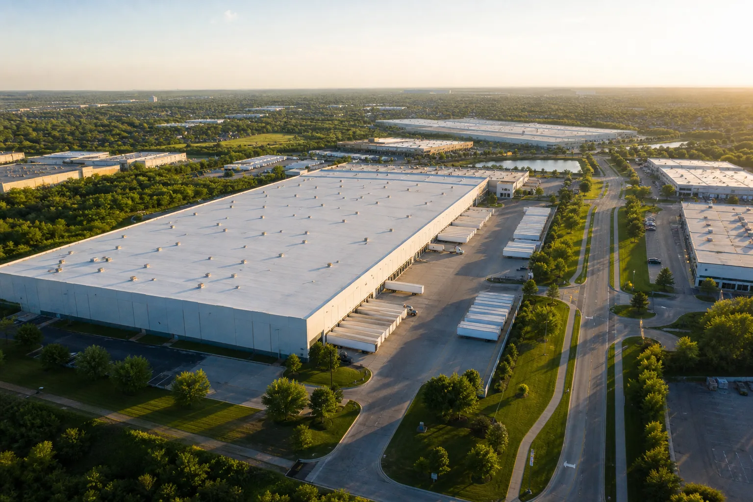 Aerial view of a modern industrial business park