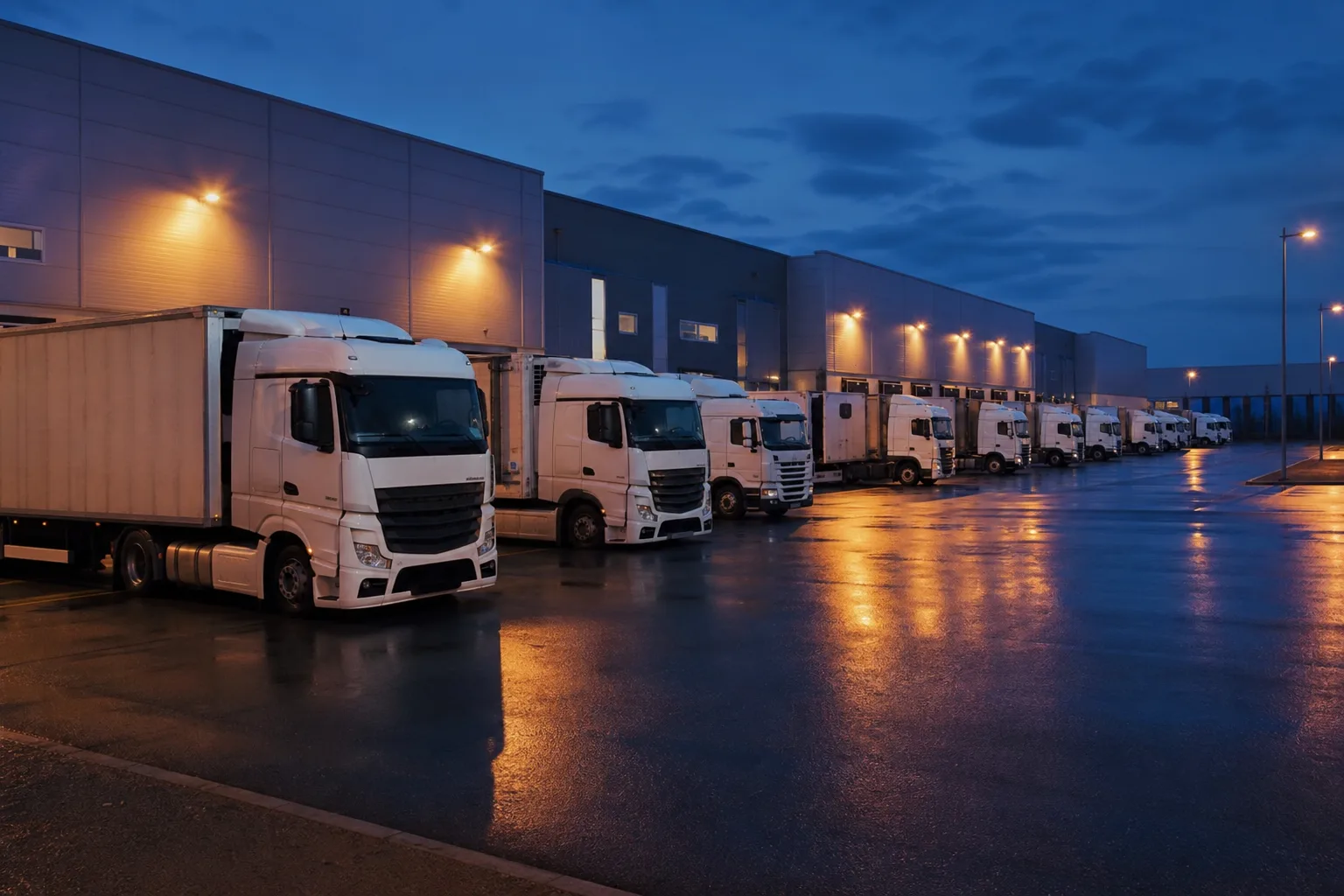 Freight truck fleet at a logistics depot at dusk