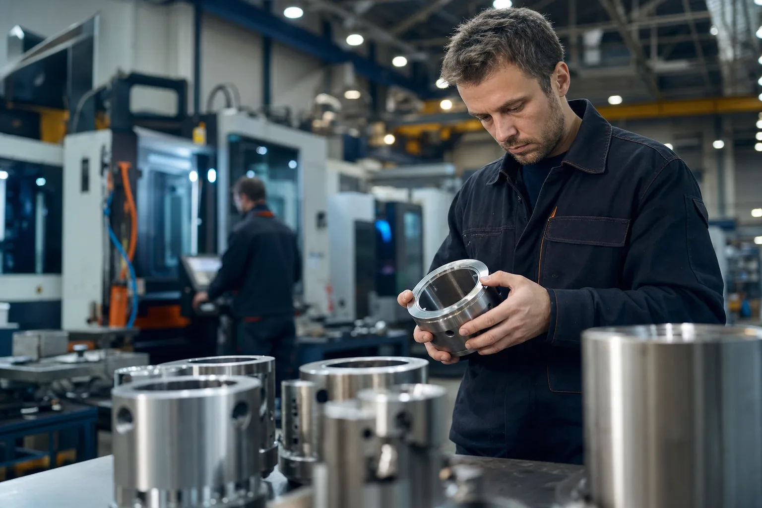 Technician inspecting a machined part on a manufacturing floor